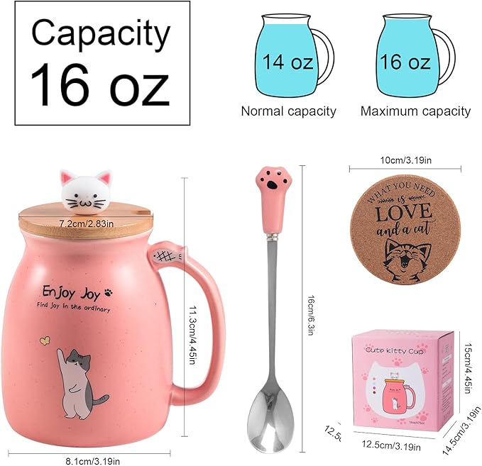 Cute Cat Cup Ceramic Coffee Mug with Kawaii Cat Wooden Lid, Lovely Stainless Steel Spoon, Anime Kitty Thicken Wooden Coaster, Christmas Birthday Cute Thing Japanese Mug 16oz (Pink)