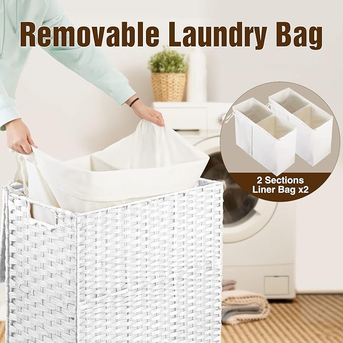 Greenstell Laundry Hamper with Wheels, No Install Needed, 110L Divided Handwoven Hampers & 2 Removable Liner Bags, Rattan Clothes Laundry Basket with Lid & Handles, Foldable Hampers White