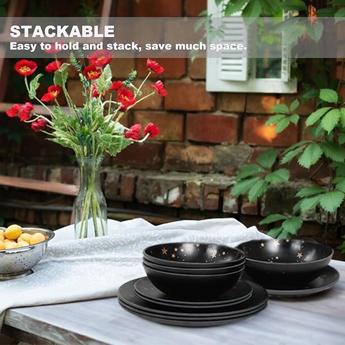 Black Melamine Dinnerware Sets - 12pcs Plates and Bowls Sets, Unbreakable Camping Dishes Set for 4, Indoor and Outdoor Use Non-breakable Dinner Set - Star