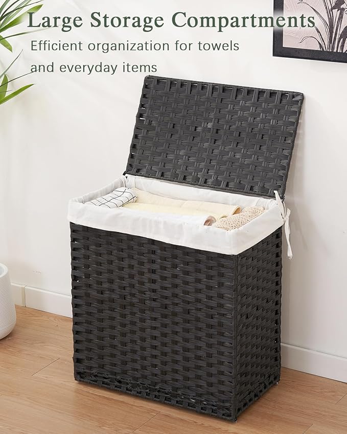 Laundry Hamper with Lid Wicker Laundry Basket 112 L (29.6 Gal) Laundry Hampers Handwoven Rattan Clothes Hamper with Handles 3 Removable Liner Bag, 6 Mesh Bags for Bathroom Bedroom Black