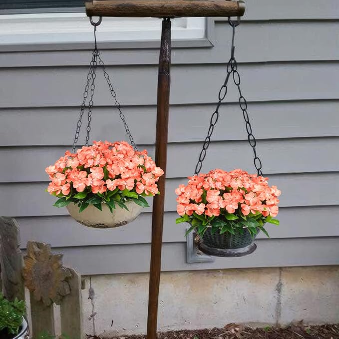 4 Pcs Artificial Flowers Outdoor Impatiens UV Resistant Fake Silk Impatiens Flowers Orange Faux Flowers Impatiens Bushes Artificial Impatiens for Outdoor Planter Pot Hanging Basket Porch Decor