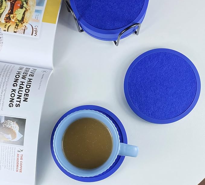 Absorbent Coasters with Holder - 6 Pack, Silicone with Soft Felt Insert (4.3 Inch Coasters, 4.5 Inch Holder, Blue)