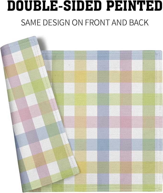 Spring Easter Placemats Set of 4 Linen Colorful Plaid Pink Green Place Mat Washable Non-Slip Heat Resistant 12×18 Inch Thick Place Mats Decorative Fabric Table Mat for Dining Table
