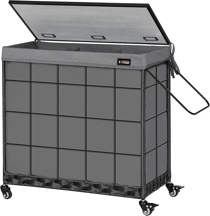 Laundry Hamper with Heavy Duty Caster Wheels; 3 Sections Clothes Hamper with Lid; 132L Laundry Basket with Removable Liner Bag; Laundry Sorter with Metal Handle (Grey)