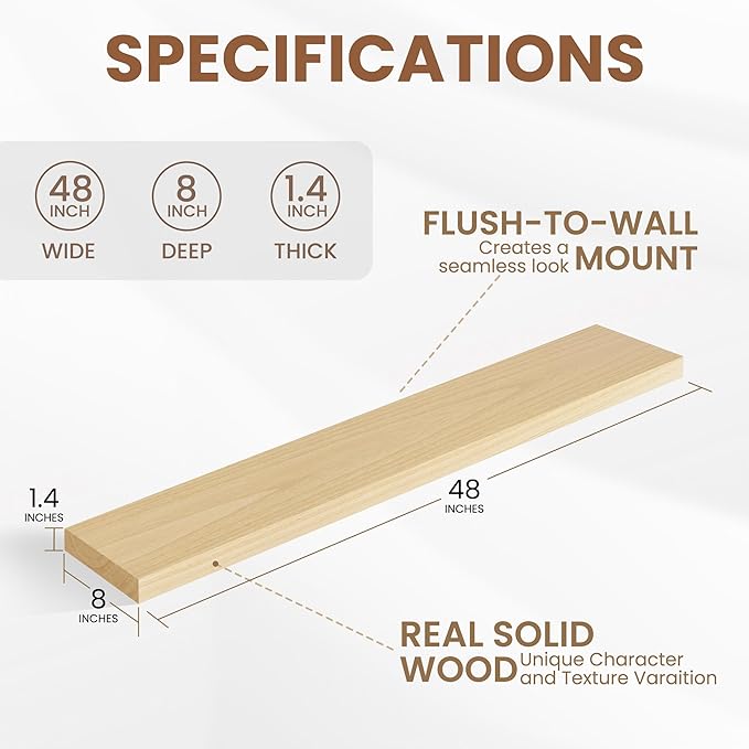 Fun Memories Rustic Real Wood Floating Shelves, 8 Inch Deep Floating Shelf Wall Mounted, 48" W x 8" D Wall Shelves Storage Shelves for Living Room, Bedroom, Bathroom, Natural Finish, Set of 1