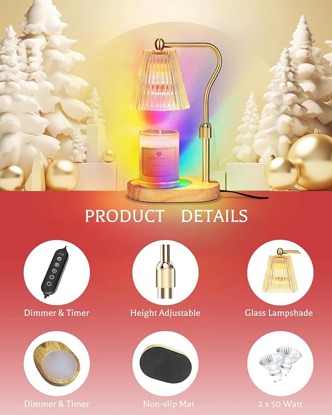 Candle Warmer Lamp with 7 LED Colors Changing,Candle Warmer with Timer Dimmer, Electric Candle Lamp with Adjustable Height Home Decor for Secented Jar Candles for Mom Women