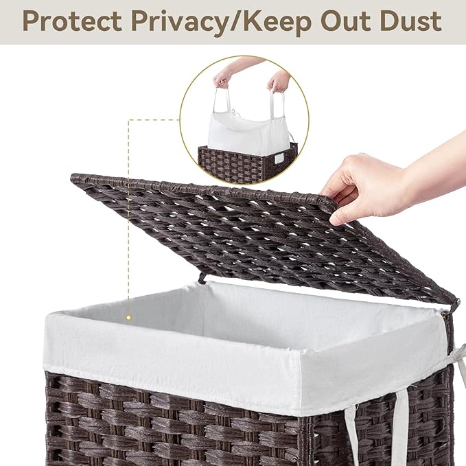 Chrislley 90L Slim Laundry Hamper with Wheels,Rolling Laundry Basket with Lid and Renovable Liner Bag,Handwoven Rattan Organizer for bedroom, bathroom, laundry room (Brown)