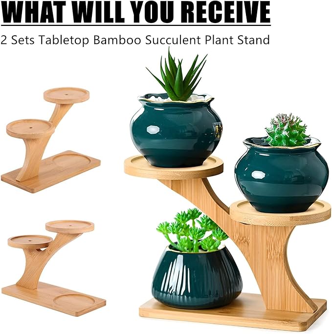 RHBLME 2 Sets Wooden Plant Stands, Bamboo Wood Plant Stands Indoor 3 Tier Succulent Plant Stand, Small Plant Stand Tabletop Plant Holder for Outdoor, Home, Office