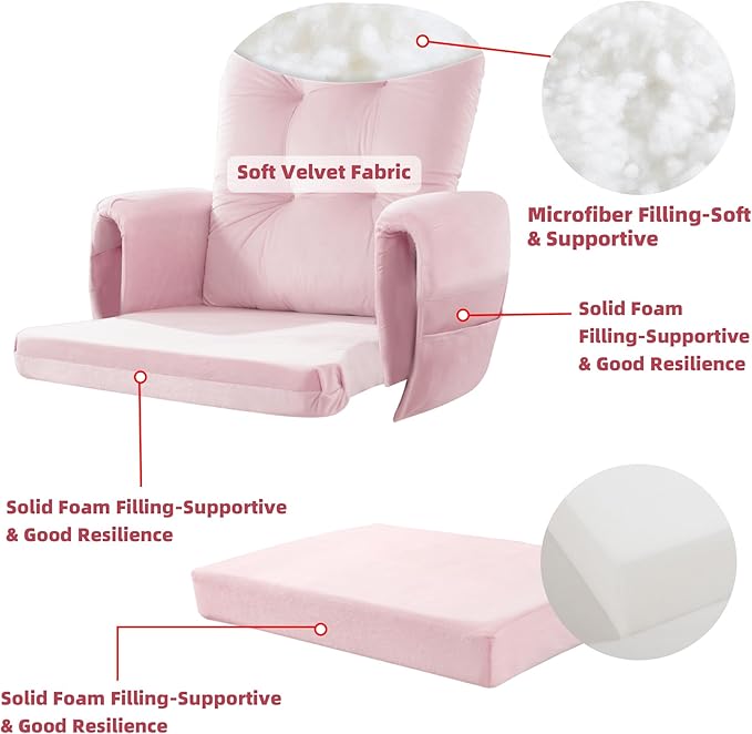 5 PCS Velvet Glider Rocker Replacement Cushions with Side Storage Pocket, Thickened & Supportive Cushions Set for Indoor Nursery Rocking Chair, Pink