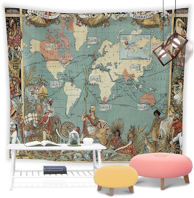World Map Tapestry Wall Hanging for Kids Student 60 x 51Inch, World Map with Countries and Major Cities Tapestry Educational Wall Decorative Cloth for Bedroom Living Room Dorm Home Decoration