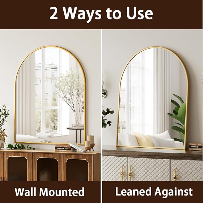 Arched Bathroom Mirror, 32x34 Inch - Wall Mounted Vanity Mirror with Aluminum Alloy Frame - Ideal for Living Room, Bedroom, Bathroom, and Entryway, Hanging or Leaning, Gold