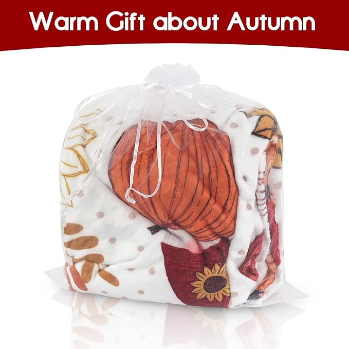 Fall Thanksgiving Throw Blankets,Autumn Gnome Pumpkin Maple Leaves Farmhouse Blanket Throw, Flannel Fleece Throw Blanket for Home Living Room Couch Bed Chair or Dorm Decor 60"x50"