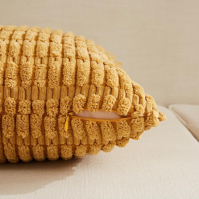 Fancy Homi 4 Packs Mustard Yellow Decorative Throw Pillow Covers 20x20 Inch for Living Room Couch Bed Sofa, Rustic Farmhouse Boho Home Decor, Soft Plush Striped Corduroy Square Cushion Case 50x50 cm