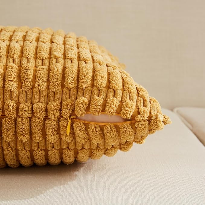 Fancy Homi 4 Packs Mustard Yellow Decorative Throw Pillow Covers 22x22 Inch for Living Room Couch Bed Sofa, Rustic Farmhouse Boho Home Decor, Soft Plush Striped Corduroy Square Cushion Case 55x55 cm