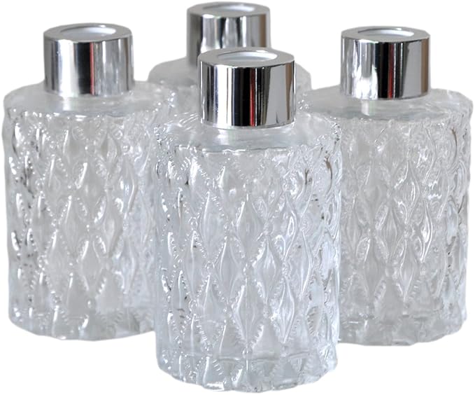 Set of 4 Diamond Carving Cylindrical Glass Essential Oils Diffuser Bottles (120ML, Silver Caps)