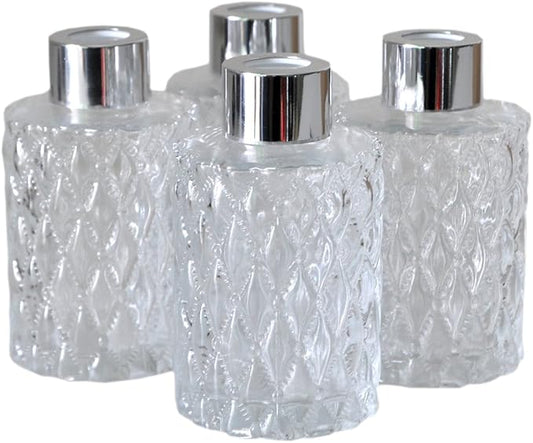 Set of 4 Diamond Carving Cylindrical Glass Essential Oils Diffuser Bottles (120ML, Silver Caps)