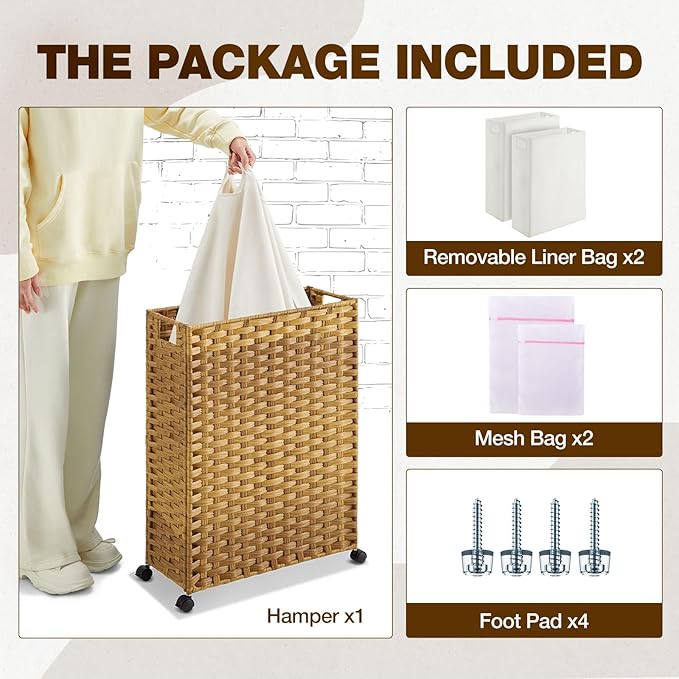 Greenstell Laundry Hamper with Wheels, 17.4 Gallon (66L) Slim Laundry Basket with 2 Removable Liner Bags & 2 Mesh Bags, Narrow Rattan Clothes Hamper for Bedroom, Laundry Room, Bathroom, Natural