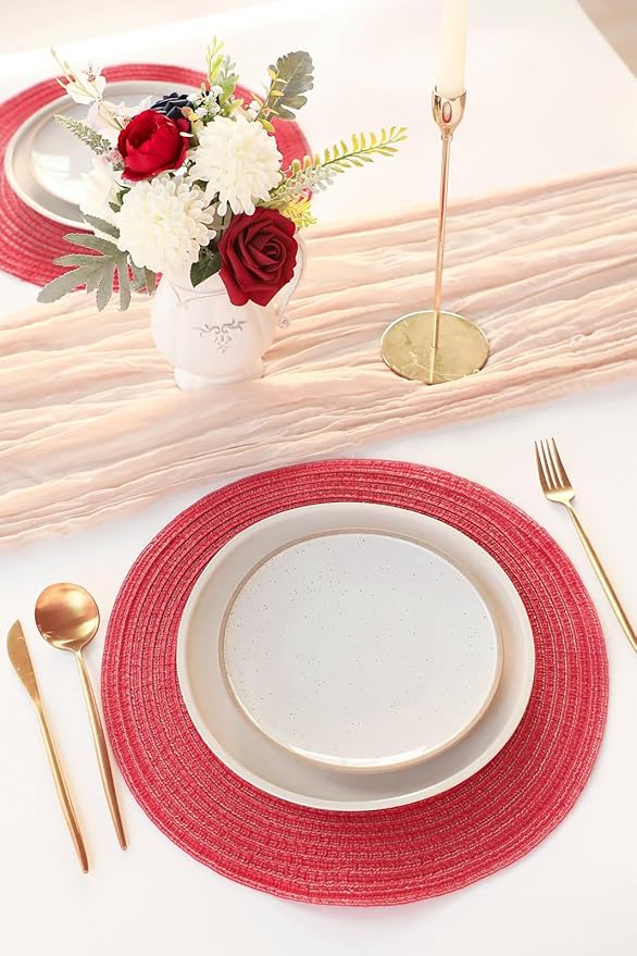 Floroom 15 Inch Round Braided Placemats Set of 6, Washable Heat Resistant Cotton Polyester Circle Place Mats for Kitchen Dining Table - Dark Red