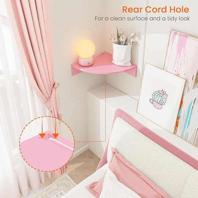 Homode Corner Shelf Wall Mount, Set of 3 Corner Floating Shelves with Cable Hole, 3 Tier Wood Corner Hanging Shelves, Living Room Bedroom Bathroom, Pink