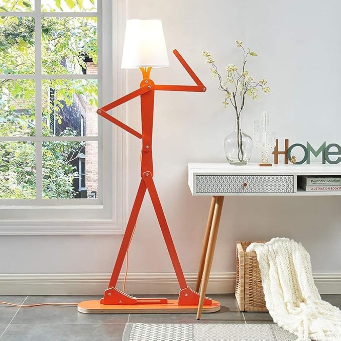 Cool Creative Floor Lamps Wood Tall Decorative Corner Reading Standing Swing Arm Light for Living Room Bedroom Office Farmhouse Kids Gift Idea- with LED Bulb (Oran Orange)