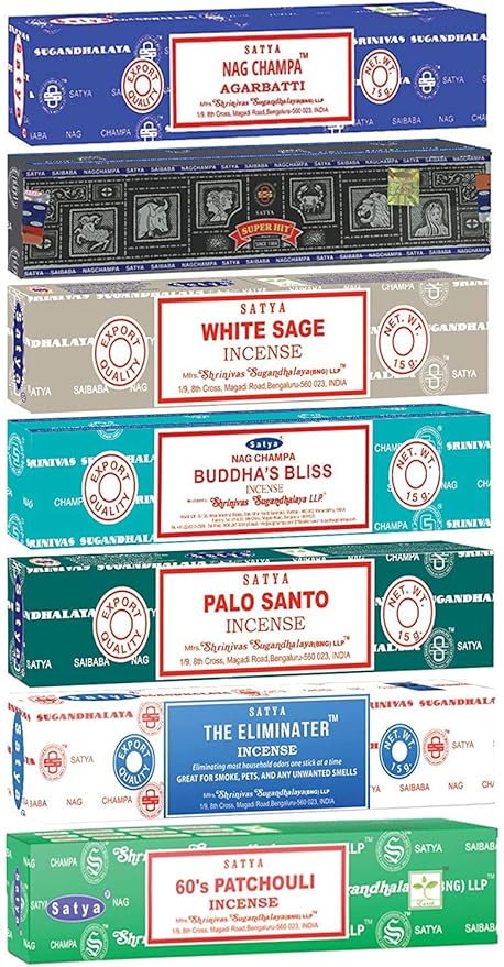 Satya Incense Sticks Gift Set, 7 Scents, Nag Champa, Super Hit, Dragon's Blood, Sandalwood, Patchouli, Lavender, Positive Vibes, 15g Each (Smudge)