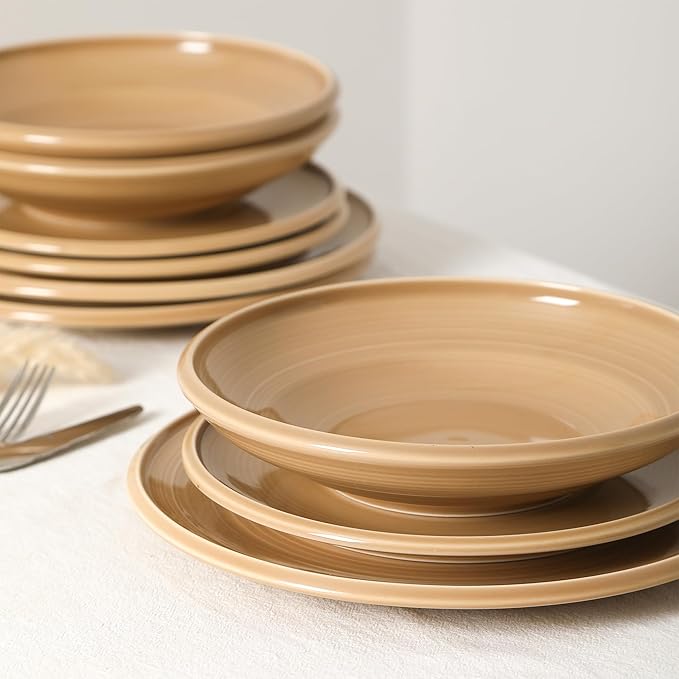 Earth & Clay Harmony 12-Piece Dinnerware, Stoneware, Plates and Bowls, Includes Dinner and Salad Plates, Cereal Bowls, Dishwasher and Microwave Safe, Dish Set for 4, Beige