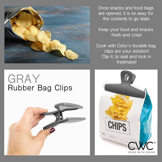 COOK WITH COLOR Food Clips - Wide Heavy Duty Chip Clips, Large Bag Clips for Food Storage with Air Tight Seal Grip, Pack of 4, Grey