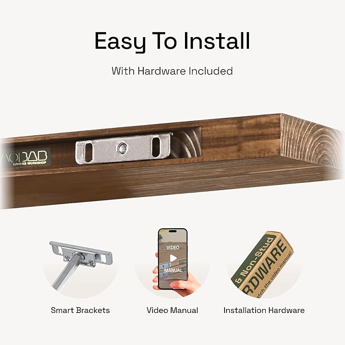 BAOBAB WORKSHOP Wood Floating Shelves Set of 2 - Rustic Shelf 24 inch - Floating Shelf for Wall Mounted - Wide Wooden Wall Shelves for Living Room Bedroom Kitchen Bathroom - Walnut - 24D x 6.7W