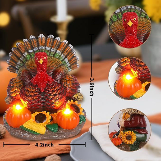 Thanksgiving Turkey Decorations Indoor Resin Turkey Figurines with 2 Pumpkin Electric Candlesticks Fall Harvest Table Decor for Home Office Shelf Kitchen - Thanksgiving Autumn Gift