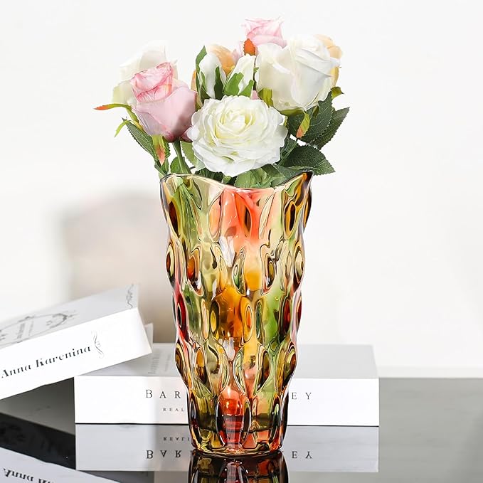 CEMABT 9.5inch 3.4 lb Glass Vases for Flowers Unbreakable Thickened Morden vase for Tables Centerpieces,Colorful,Vintage and Clear Rose Large Flower vases for Bouquet Unique Gifts(Rosa Colorful)