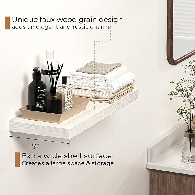 Floating Shelves - 24 Inch Rustic Wooden Wall Shelves - Extra Deeper & Thicker Wall Mounted Storage Shelf for Living Room, Kitchen, Farmhouse - 24" W x 9" D x 1.6" H - Rustic White, 2 Pack