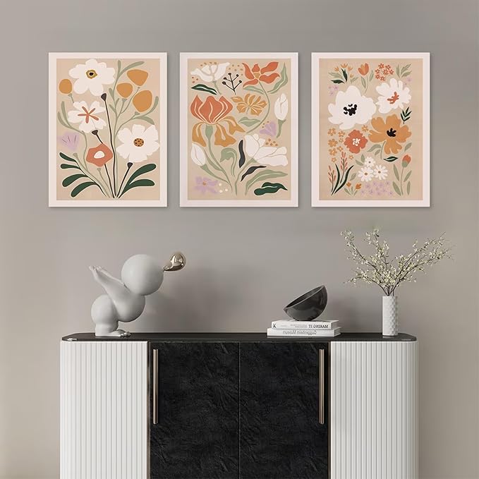 Framed Canvas Wall Art Set of 3, Minimalist Abstract Flower Floral Wall Art Farmhouse Decor, Boho Style Wall Decor Paintings, Modern Botanical Flower Art Print for Bathroom, Bedroom, Gallery, Living