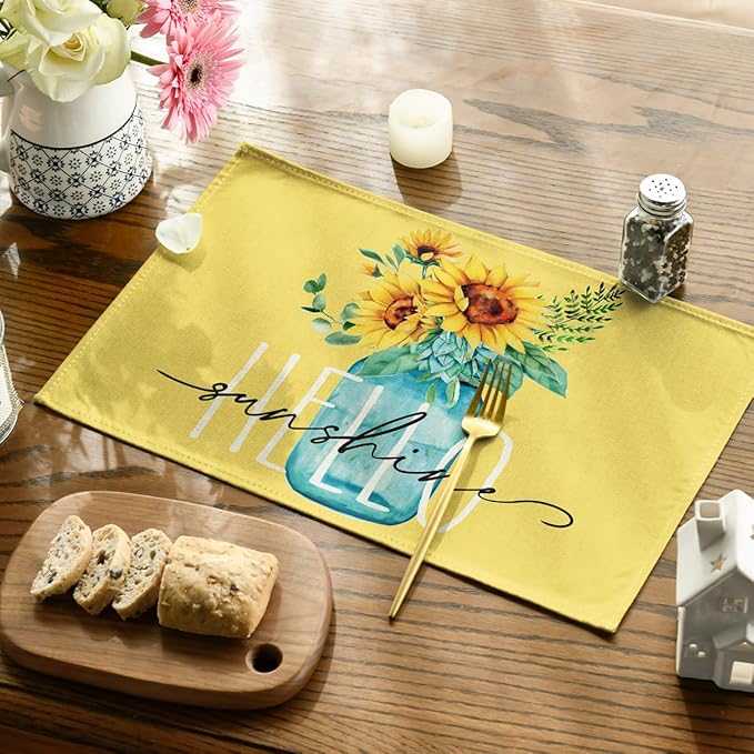 Artoid Mode Yellow Hello Sunshine Sunflower Summer Placemats Set of 6, 12x18 Inch Seasonal Spring Table Mats for Party Kitchen Dining Decoration