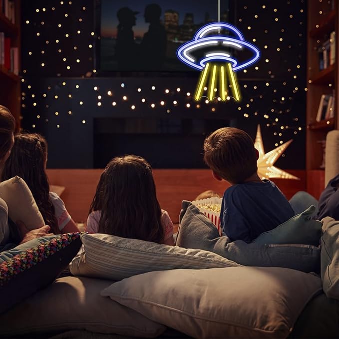 UFO Alien Spaceship LED Neon Light Signs Blue Yellow Neon Acrylic Wall Light Signs for Bedroom Kids Astronomy Lovers School Science Museum Decoration,Game Room, Aesthetic Room, Living Room Decor