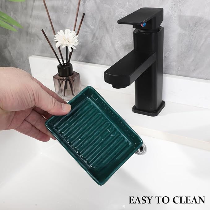 Green Rectangle Ceramic Soap Dish - Modern Hand Soap Holder for Bathroom, Kitchen, Shower, Countertop