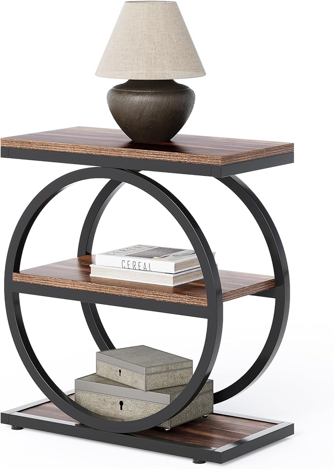 LITTLE TREE End Table, 3-Tier Side Table, Slim Sofa Side Table for Living Room, Tall Bedside Table Nightstand for Bedroom, Rustic Brown and Black
