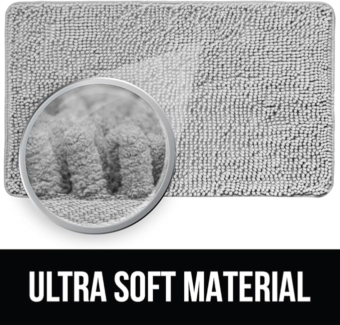 KANGAROO Bathroom Rugs, Chenille Soft Absorbent Bath Rug, Shaggy Shower Mat, Quick Dry Machine Wash Bathmat, Plush Carpet Mats for Tub, Bathtub and Room Home Decor Accessories, 42x24, Light Gray