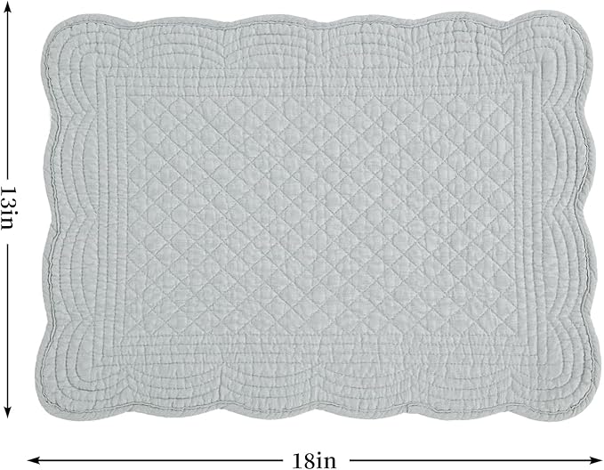 HOMBYS Quilted Placemats Set of 6 Washable-13x18 inches Rectangular Placemats for Kitchen Table-100% Cotton Fabric Rectangular Table Mats, (Light Grey)