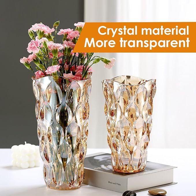 CEMABT Amber Glass Vase for Centerpieces, 9.4-inch Height, 5.1-inch Opening Width, 3.4 lbs Weight, Unbreakable, Suitable for All Kinds of Flowers, Modern and Elegant