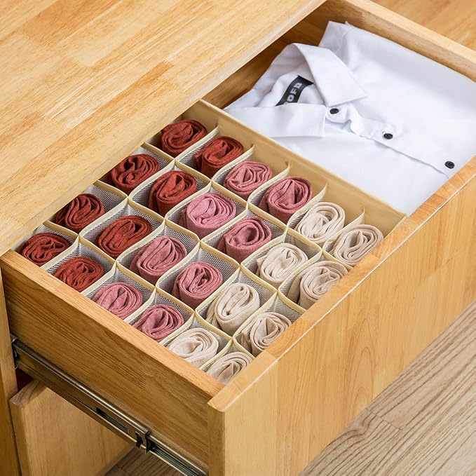 Qozary 2 Pack Socks Underwear Drawer Organizer Divider, 24 Cell or 16 Cell Collapsible Cabinet Closet Organizer Storage Boxes for Clothes, Socks, Lingerie, Underwear, Ties