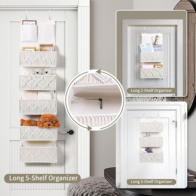 ANTIS'S HOME Over The Door Organizer Boho Decor Storage with 5 Large Woven Pockets, Detachable, Macrame Nursery Organizer and Toy Storage, Behind Door for Bathroom or Bedroom