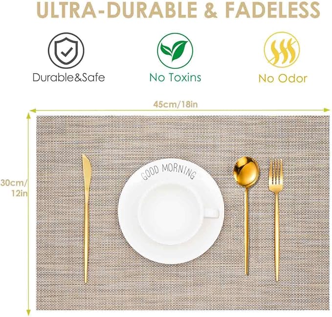 GIVERARE Placemats Set of 4, Heat-Resistant Woven Vinyl Placemat 12x18in, Non-Slip Washable PVC Table Mat, Easy to Clean Premium Plastic Mats for Dining, Kitchen Table (Cappuccino)