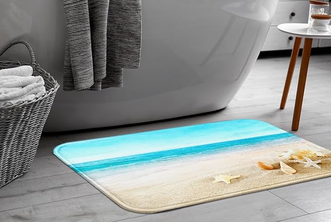 Britimes Bath Mat for Bathroom, Blue Beach Starfish Sea Washable Cover Floor Rug Carpets Floor Mat Bathroom Decorations 18x30 Inches for Kitchen Bedroom Indoor