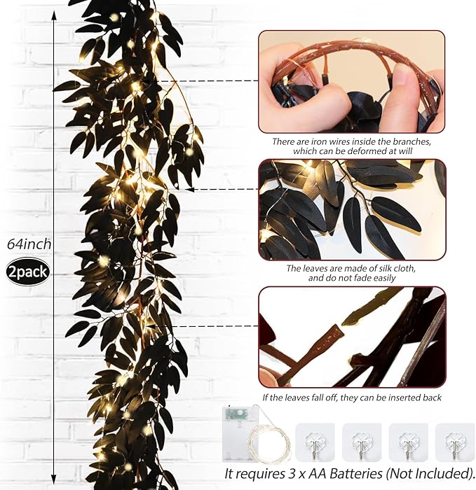 Artificial Black Willow Leaves Vine Twigs Whit Light 2Pcs 5.7Ft Fake Hanging Black Halloween Garland Faux Silk Willow Leaves Ivy Indoor Outdoor Jungle Birthday Autumn Wreath Halloween Party Decor