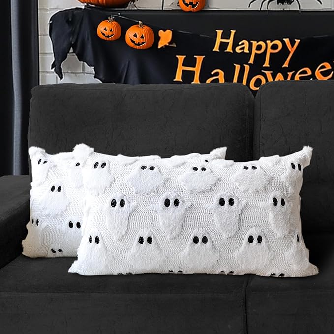 4TH Emotion Halloween Ghost Decorative Lumbar Pillow Covers 12x20 Set of 2, White Soft Plush Faux Fur Farmhouse Throw Cushion Cases for Fall Autumn Holiday Home Decorations