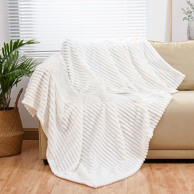Bnuitland White Flannel Throw (60X80 inches) with Storage Pouch,300GSM Super Soft Fleece Stripe Pattern Sofa Blanket for Adults, Lightweight Cozy Bed Throw for Home Decor All Season