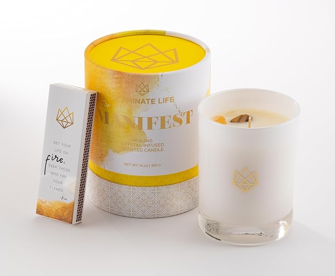 Luxury Glass Jar Candle, 14.5 OZ, Manifest - Citrine, Tiger Eye & Clear Quartz Crystal Infused - Scents of Orange, Neroli, Sandalwood, & Musk - Intention, Belief, & Action, Natural