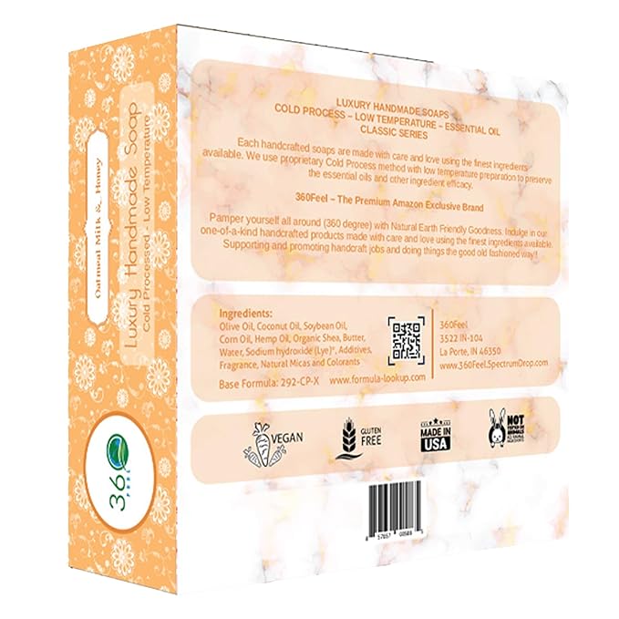 360Feel Oatmeal Milk and Honey Soap - Handcrafted Castile Soap Bar with Soothing Scent - Handmade with Essential Oil - Suitable Gift for Anniversaries, Weddings, and Holiday Stockings - Rich Lather
