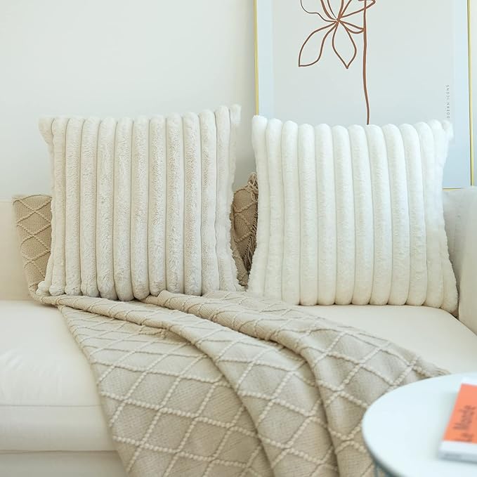 JOJUSIS Pack of 2 Faux Fur Plush Decorative Throw Pillow Covers Couch Cushion Case Soft Pillowcases (Beige, 24 x 24-Inch)