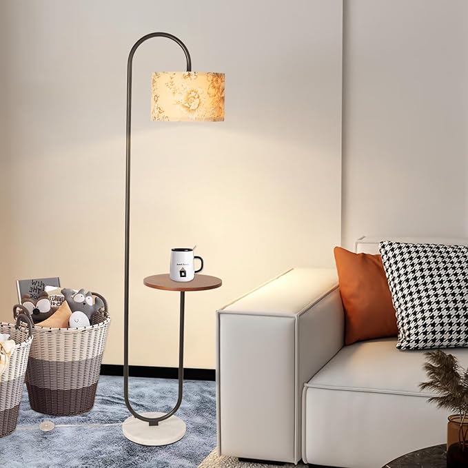 Hsyile Arc Floor Lamp with Hanging Drum Shade for Living Room-Marble Base Modern Tall Stand Up Light with Table, Contemporary Over The Couch Black Lamp Standing Lamps
